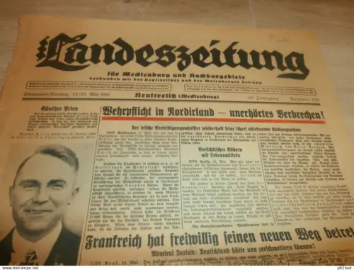 Landeszeitung Neustrelitz , 25.051941 , Günther Prien , Neustrelitz und Umgebung , mit Reklame !! RAR !! Mecklenburg !!