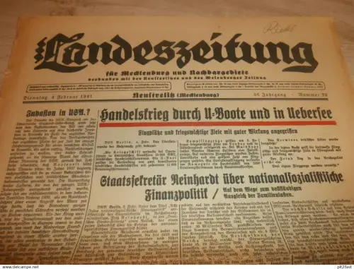 Landeszeitung Neustrelitz , 4.02.1941 , Neustrelitz und Umgebung , mit Reklame !! RAR !! Mecklenburg !!