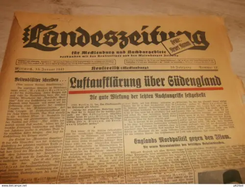 Landeszeitung Neustrelitz , 15.01.1941 , Neustrelitz und Umgebung , mit Reklame !! RAR !! Mecklenburg !!