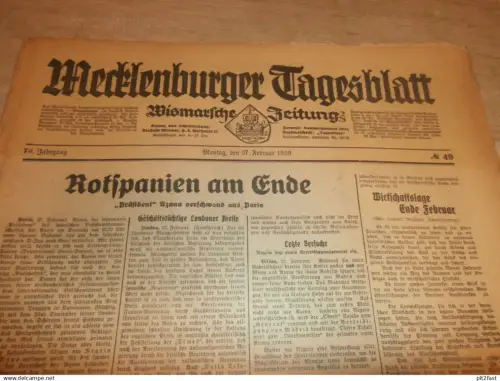 Mecklenburger Tagesblatt , 27.02.1939 , Wismar und Umgebung , mit Reklame !! RAR !! Mecklenburg !!