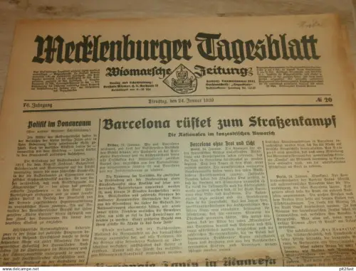 Mecklenburger Tagesblatt , 24.01.1939 , Wismar und Umgebung , mit Reklame !! RAR !! Mecklenburg !!