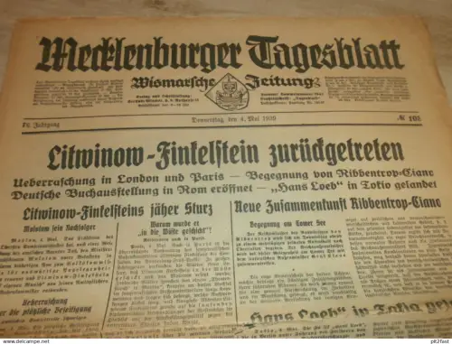 Mecklenburger Tagesblatt , 04.05.1939 , Wismar und Umgebung , mit Reklame !! RAR !! Mecklenburg !!