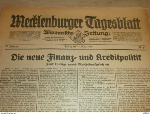 Mecklenburger Tagesblatt , 31.03.1939 , Wismar und Umgebung , mit Reklame !! RAR !! Mecklenburg !!