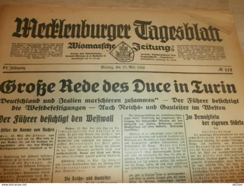 Mecklenburger Tagesblatt , 15.05.1939 , Wismar und Umgebung , mit Reklame !! RAR !! Mecklenburg !!