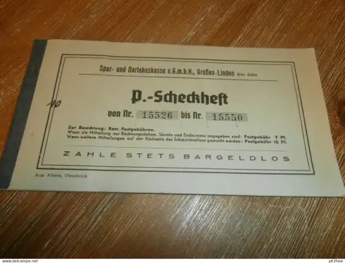 altes Scheckheft Großen Linden / Gießen , 1957 , mit ca. 13 Formularen , Sparkasse , Bank !!