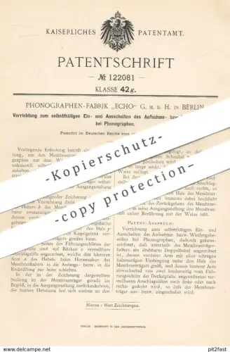 original Patent - Phonographen Fabrik Echo GmbH Berlin , 1900 , Aufnahme u. Wiedergabe beim Phonograph | Musik !!!