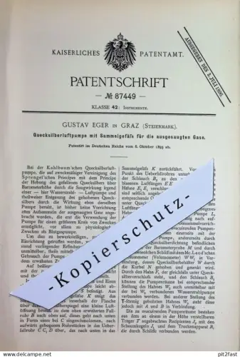 original Patent - Gustav Eger , Graz , Steiermark , Österreich | 1895 | Quecksilberluftpumpe | Quecksilber - Luftpumpe !