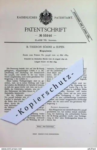 original Patent - B. Thieron Söhne , Eupen | 1890 | Ringspindel | Spindel , Spindeln | Spinnmaschine , Spinnen , Wolle