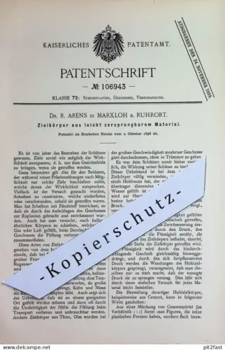 original Patent - Dr. R. Arens , Marxloh b. Ruhport | 1898 | Zielkörper aus sprengbarem Material | Waffen , Militär !!