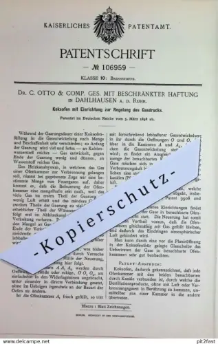 original Patent - Dr. C. Otto & Comp. GmbH , Dahlhausen a. d. Ruhr | 1898 | Koksofen mit Regelung von Gasdruck | Ofen !!