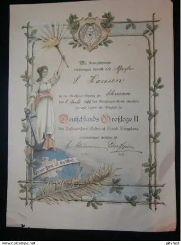 Freimaurer - Loge , Schwerin 1906 , Urkunde , Deutschlands Großloge , Mecklenburg !!