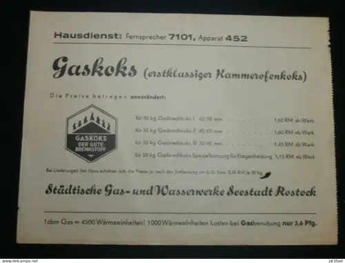 Rostock i. Mecklenburg , Dez. 1938 ,Gas- und Wasserwerke , alte Rechnung mit Reklame !!