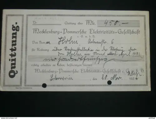 Mecklenburg - Pommersche Elektrizitäts Gesellschaft , 1922 , Schwerin , Quittung !!