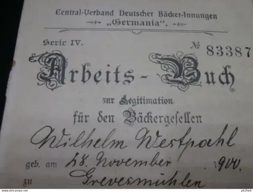 "Germania" Arbeitsbuch - Grevesmühlen , 1900-1918 , Wilhelm Westphal , Krakow , Warin Neukloster i. Mecklenburg !!