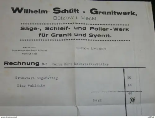 Granitwerk Bützow , 1934 , Wilhelm Schütt , Rechnung , Mecklenburg , Molkerei !!