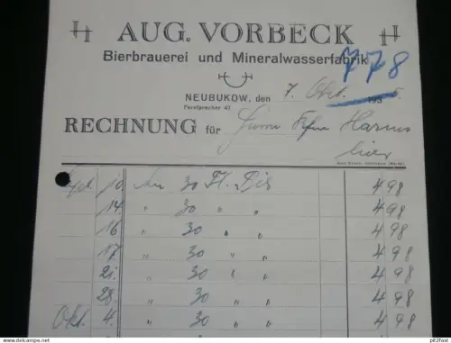 Brauerei Neubukow , 1935 , August Vorbeck , Rechnung , Mecklenburg , Reklame !!