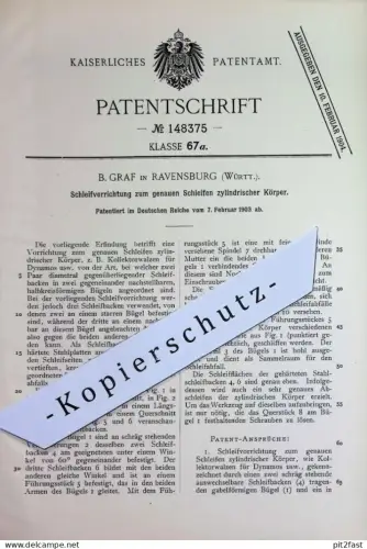 original Patent - B. Graf , Ravensburg Württemberg | 1903 | Schleifen zylindrischer Körper | Schleifvorrichtung | Dynamo