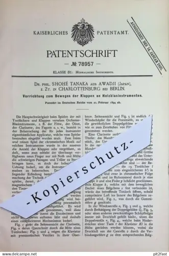 original Patent - Dr. phil. Shohé Tanaka , Awadji , Japan | Berlin / Charlottenburg | 1894 | Holzblasinstrument | Musik