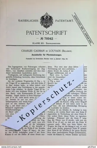original Patent - Charles Casman , Louvain , Belgien | 1894 | Anziehhelfer für Pferdebahnwagen | Pferdewagen , Kutsche