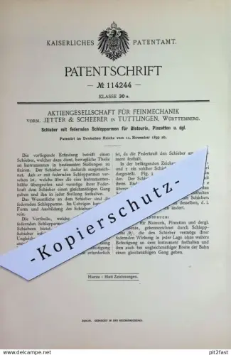 original Patent - Feinmechanik AG | Jetter & Scheerer , Tuttlingen Württemberg | 1899 | Schieber für Skalpell , Pinzette