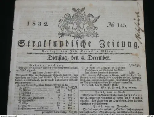 Stralsundische Zeitung , 1832 , Stralsund i. Mecklenburg , Ranzin !!