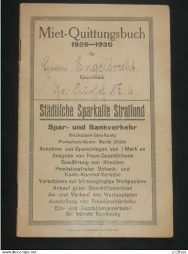 Mietbuch Stralsund 1926-1930 , Hr. Engelbrecht , Hr. Fischer , mit Reklame , Mecklenburg !!