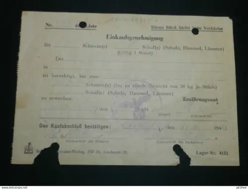 Rödlin b. Blankensee i. Mecklenburg , 1944 Lebensmittelkarte Einkaufsschein, Schweine , Schafe !!
