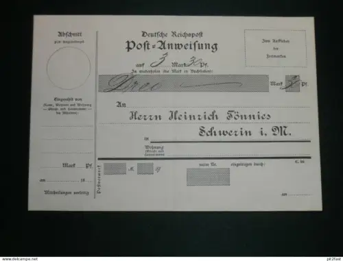 Post-Anweisung - Heinrich Tönnies in Schwerin i. Mecklenburg , ca. 1895 , Post !