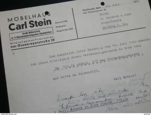 Möbelhaus Stein in Stralsund i. Mecklenburg , 1940 , alte Rechnung , Leisnig !!