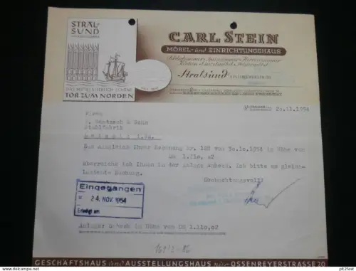 Möbelhaus Stein in Stralsund i. Mecklenburg , 1954 , alte Rechnung , Leisnig !!