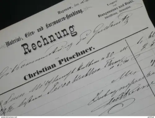 Christian Pitschner in Hagenow , 1878 , alte Rechnung , Goldenitz !!
