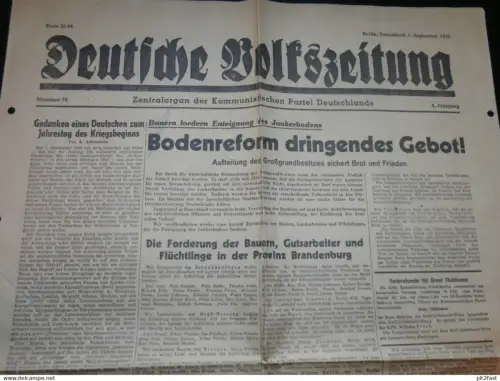 Deutsche Volkszeitung , 1945 , 1. Jahrgang , Bodenreform , Junker , Bauern !!