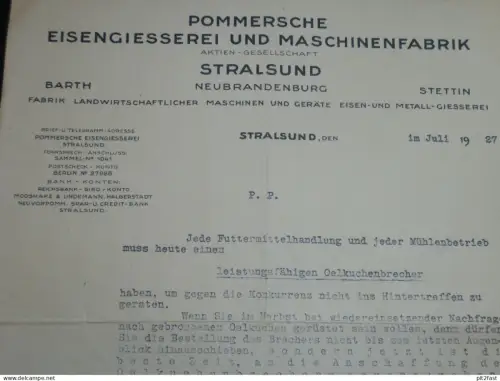 Pommersche Eisengiesserei Stralsund / Neubrandenburg / Barth , 1927 , Stettin , altes Dokument !!!