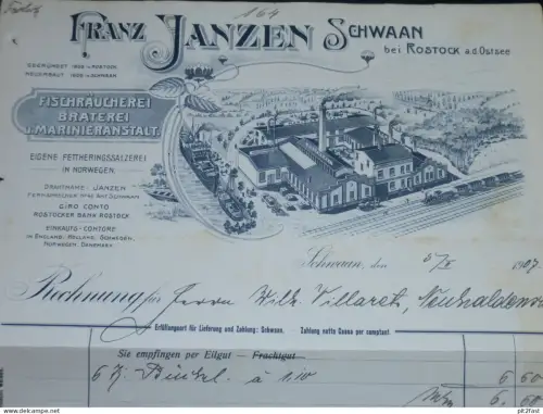 Franz Janzen in Schwaan b. Rostock , 1907 , Räucherei , Mecklenburg , Rechnung !