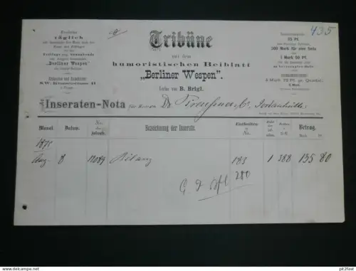 Tribüne mit "Berliner Wespen" , 1875 ,alte Rechnung , B. Brigl , Jordanhütte b. Wollin !!