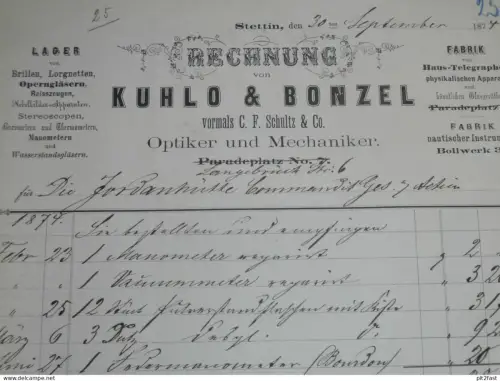 Optiker - Kuhlo & Bonzel in Stettin i. Pommern , 1874 ,alte Rechnung , Jordanhütte b. Wollin !!