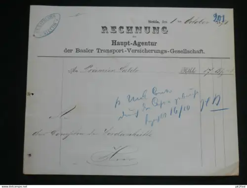 Transport-Versicherung Ad. Nathusius in Stettin i. Pommern , 1874 ,alte Rechnung , Jordanhütte b. Wollin !!