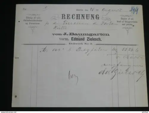 Edmund Zielesch / J. Baumgarten in Stettin i. Pommern , 1874 ,alte Rechnung , Jordanhütte b. Wollin !!