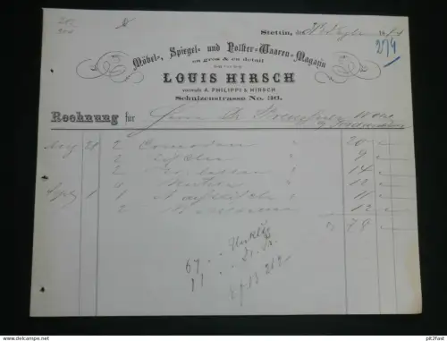 Möbel und Spiegel - Louis Hirsch in Stettin i. Pommern , 1874 ,alte Rechnung , Jordanhütte b. Wollin !!
