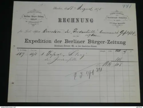 Expedition der Bürgerzeitung in Berlin , 1875 , Buchdruck ,alte Rechnung , Jordanhütte b. Wollin !!