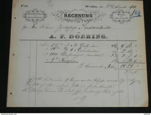 Destillation und Weinhandel - A.F. Doering in Wollin / Wolin in Pommern , alte Rechnung , Dokument !!