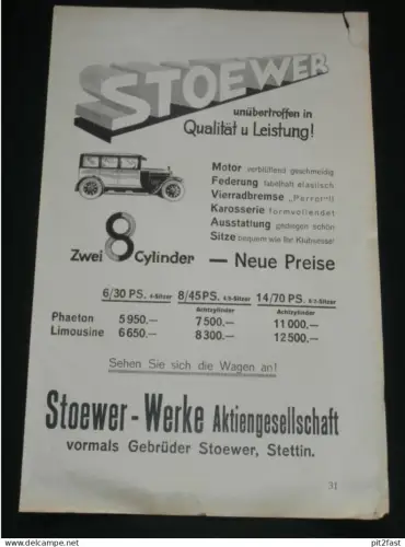 Stoewer - Werke AG in Stettin , ca.1930 , 8-Cylinder , Ortizon Mundwasser , Reklame Werbung , ca. 260x170mm