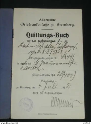 Quittungsbuch - Sternberg i. Mecklenburg , 1912 , Martin Schäfer b. Maurermeister Larisch , Ausweis !!!