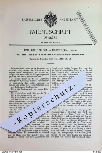 original Patent - Joh. Wilh. Nagel , Linden Westfalen | 1892 | Hand - Gestein - Bohrmaschine | Bohren , Bohrer | Bergbau