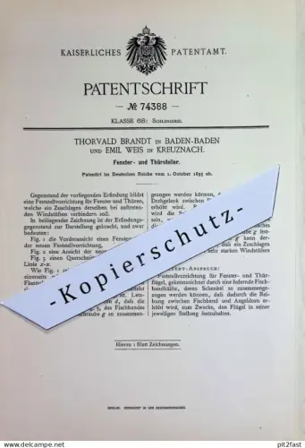 original Patent - Thorvald Brandt , Baden Baden | Emil Weis , Kreuznach | 1893 | Feststellvorrichtung f. Fenster & Türen