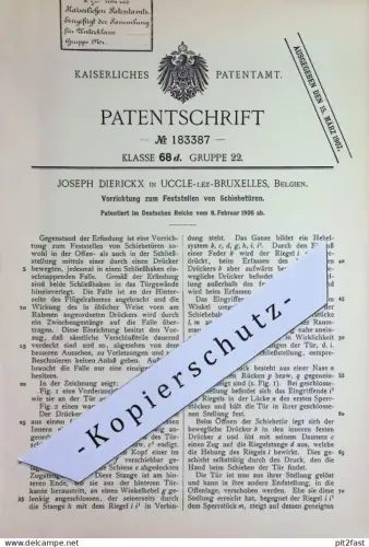 original Patent - Joseph Dierickx , Uccle lez Bruxelles , Brüssel , Belgien | 1906 | Feststellen von Schiebetüren | Tür