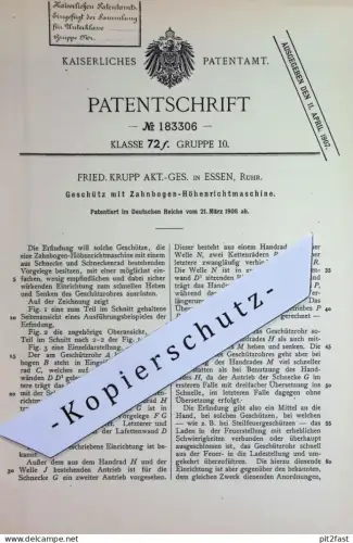 original Patent - Fried. Krupp AG , Essen / Ruhr | 1906 | Geschütz mit Zahnbogen - Höhenrichtmaschine | Waffen Geschoss