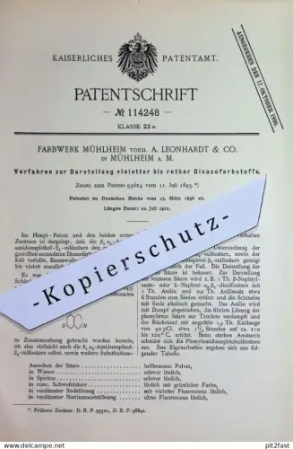 original Patent - Farbwerk Mühlheim | A. Leonhardt & Co. Mühlheim a. M. | 1896 | violetter bis roter Disazofarbstoff !