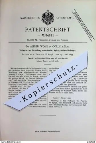 original Patent - Dr. Alfred Wohl , Cölln / Elbe | 1895 | Darstellung aromatischer Hydroxylaminverbindungen | Chemie !