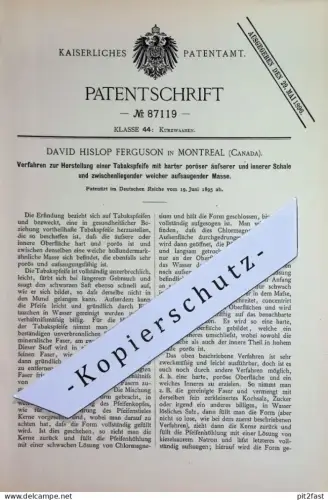 original Patent - David Hislop Ferguson , Montreal , Canada | 1895 | Tabakspfeife | Tabak - Pfeife | Rauchen , Zigarren